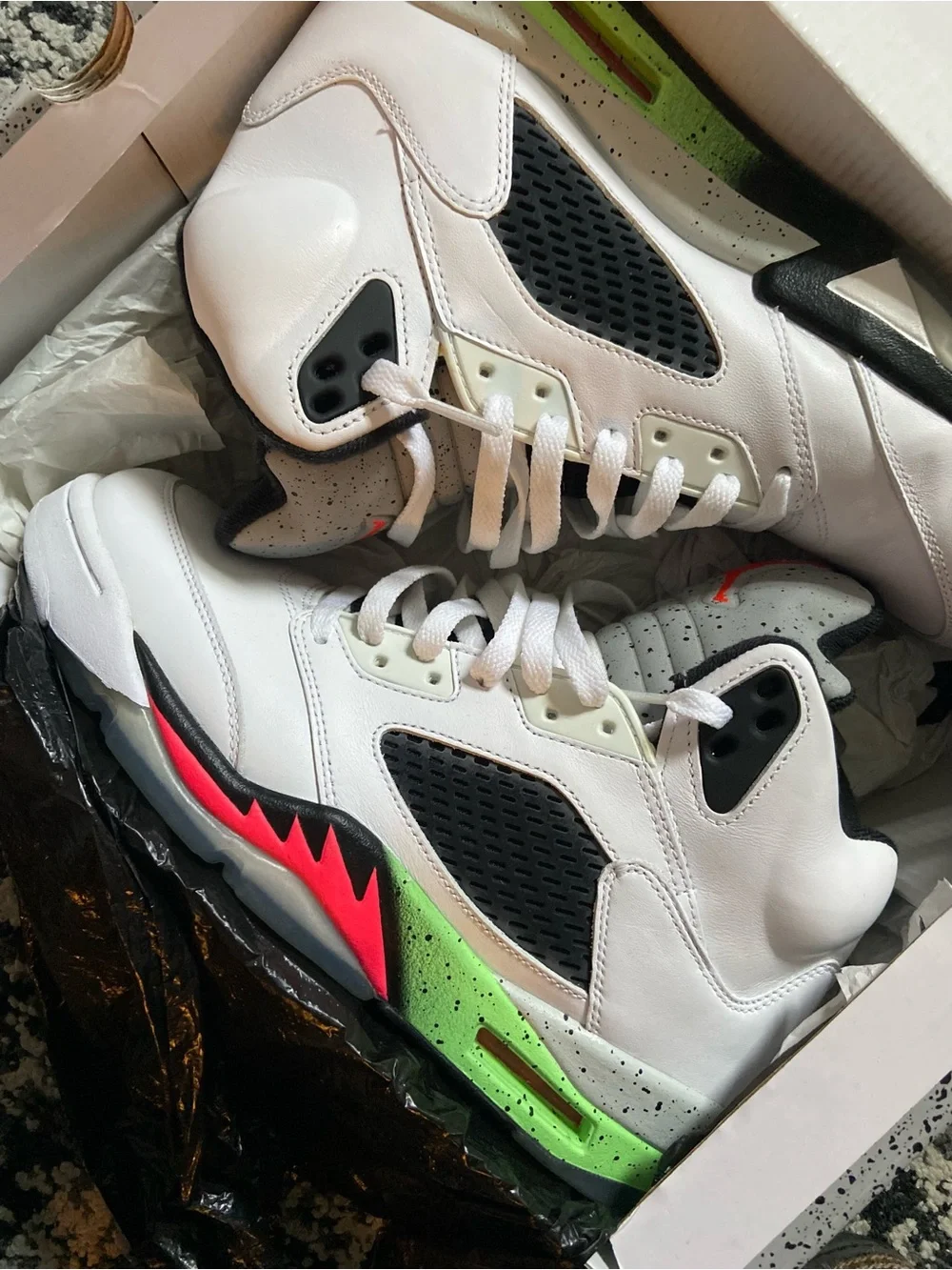 Jordan Men’s White Sneakers with Black, Neon Green and Red Accents